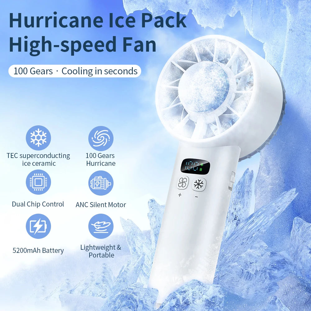 5200mAh Portable Mini Handheld Fan with LED Display Semiconductor Refrigeration 100 Speeds USB Rechargeable Battery Outdoor Fan