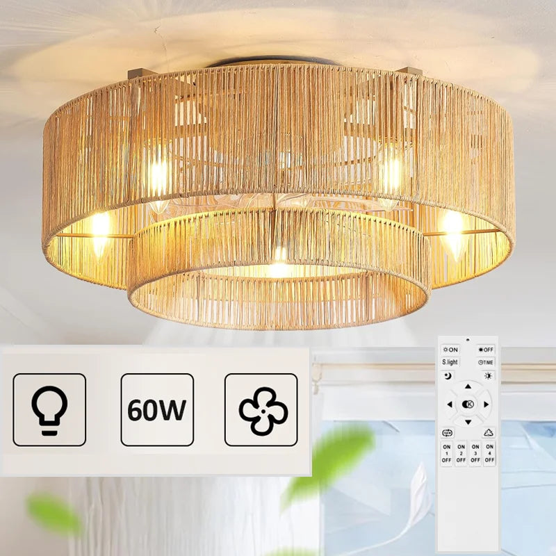 Boho Caged Ceiling Fans lights Bamboo Ceiling Fan Fans Remote Control Layered Rattan Ceiling Fan Room decoration Ceiling fanlamp