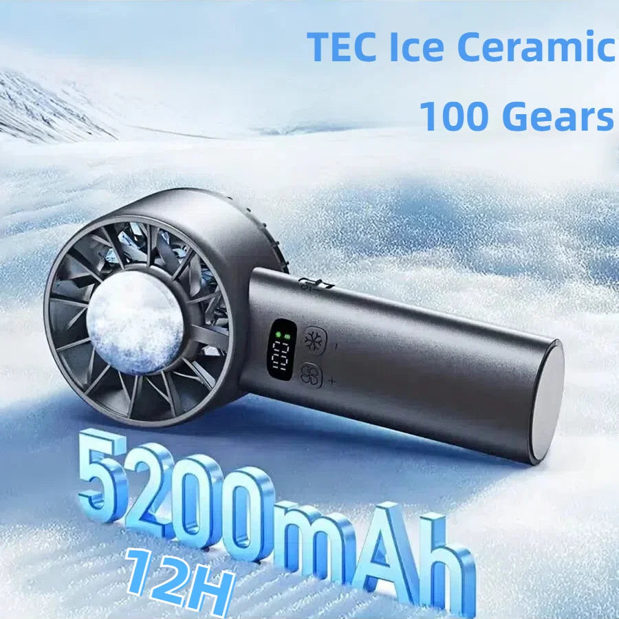 5200mAh Portable Mini Handheld Fan with LED Display Semiconductor Refrigeration 100 Speeds USB Rechargeable Battery Outdoor Fan